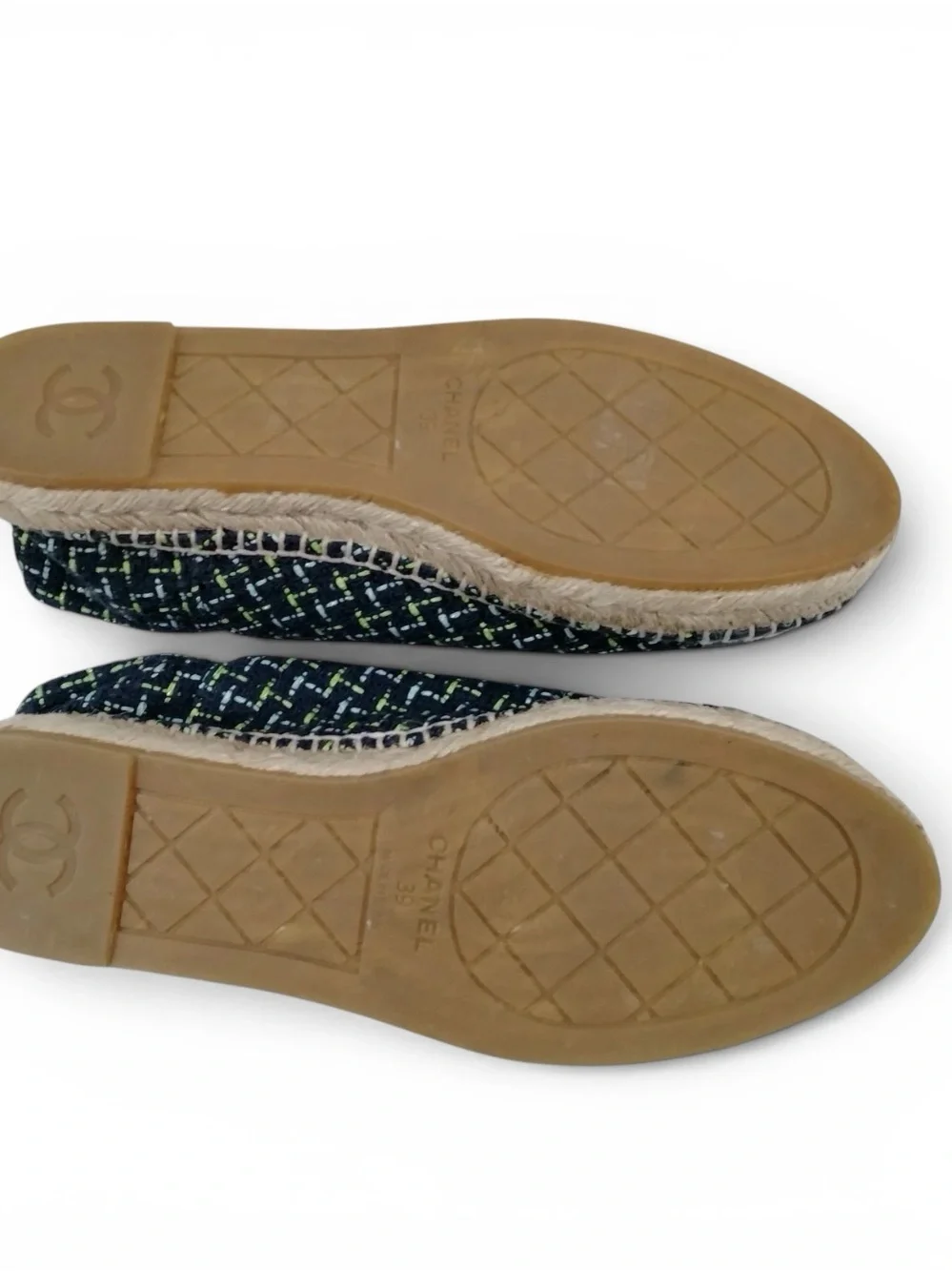 NWOT CHANEL CC Logo Cap Toe Navy Tweed Espadrille Flats Size EU 39